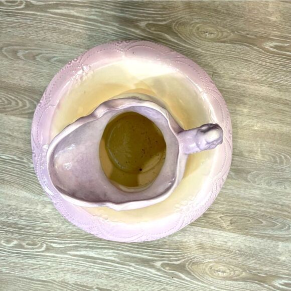 1960s Victorian Ironstone Green Hand Painted Pitcher Basin Set 2 Pieces USA made - Picture 3 of 12